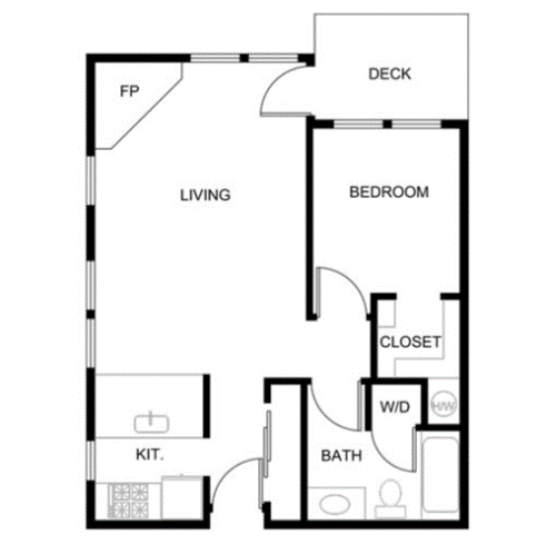 Floor plan for 1 bed, 1 bath, 663 sqft